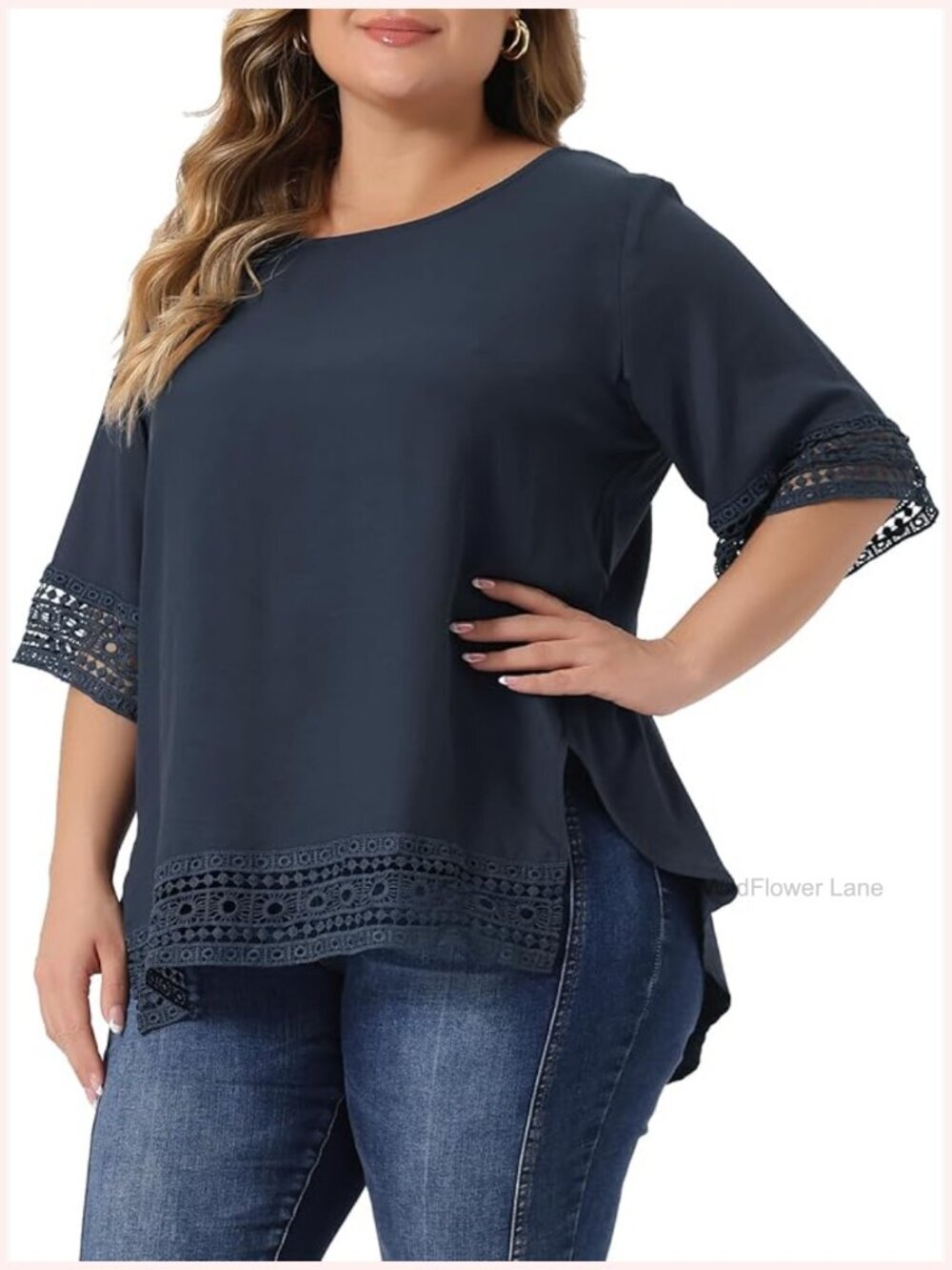 Plus Size Lace Crochet Short Sleeve Blouse Loose Fit Women's Top
